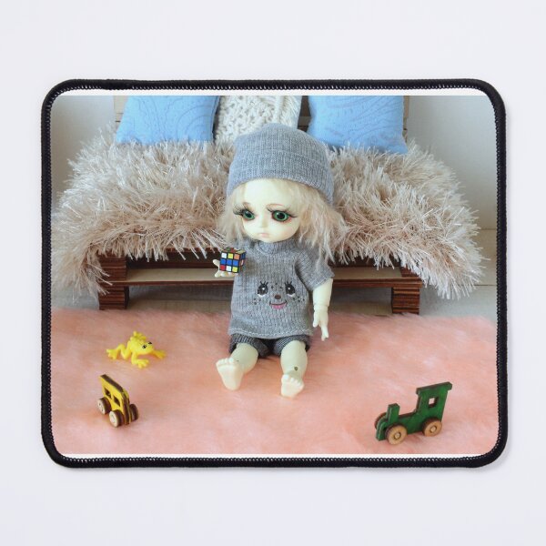 Item preview, Miniature nursery scene with bjd girl doll sitting on the floor and keeping toys in the hand. Some more toys are around her. designed and sold by Lenasminiland.