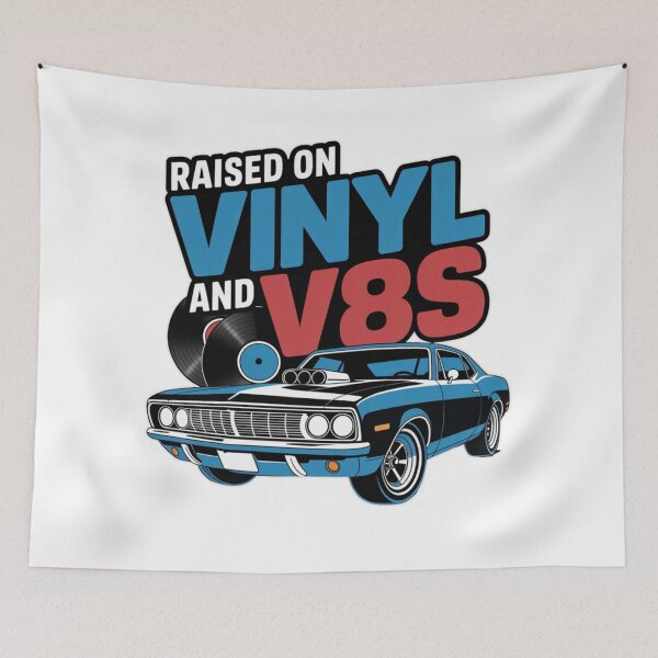 Item preview, Raised on Vinyl and V8s – Retro 70s Muscle Car Design T-Shirt designed and sold by MerchlyMike.