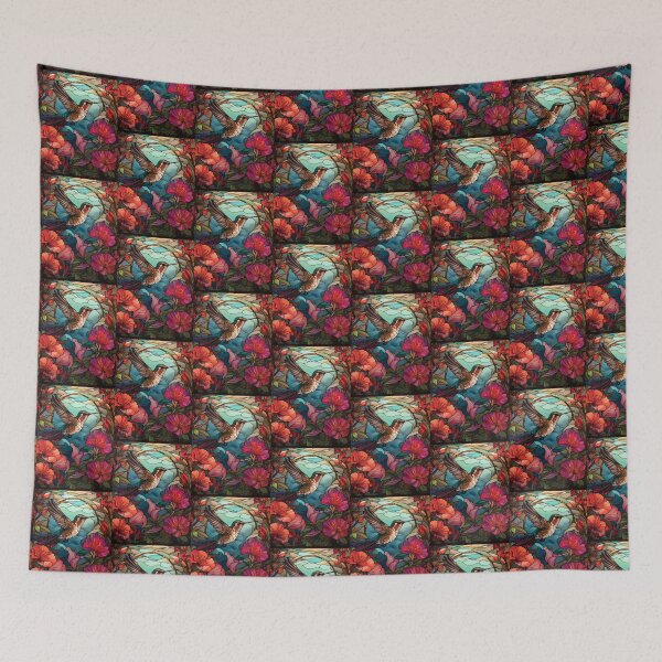 Item preview, Hummingbird and Blossoms Stained Glass Art designed and sold by pinkal.