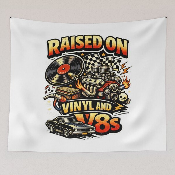 Item preview, Raised on Vinyl and V8s – Retro 70s Muscle Car Design T-Shirt designed and sold by MerchlyMike.