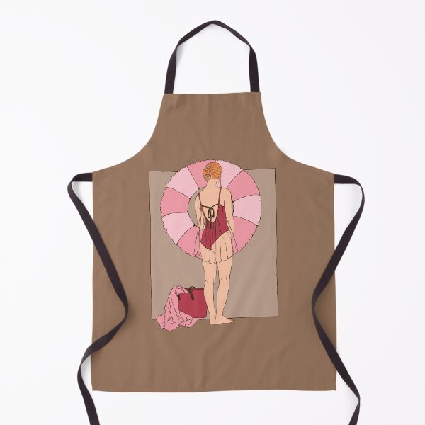 Item preview, Back view illustration of a graceful woman standing on a rock holding a large pink swim ring. Minimalist art capturing the serenity of the sea horizon. designed and sold by Grin Katalina Floral Patterns & Cozy Art.