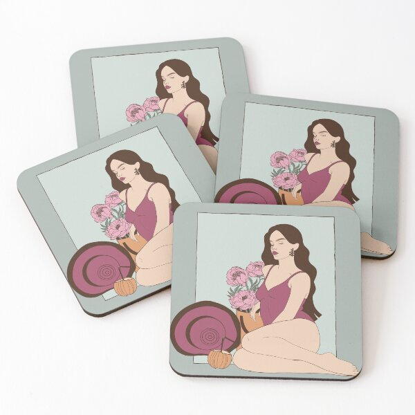 Item preview, Romantic minimalist print featuring a girl relaxing on the beach next to lush peonies and an elegant sun hat. A perfect balance of fashion and nature. designed and sold by Grin Katalina Floral Patterns & Cozy Art.