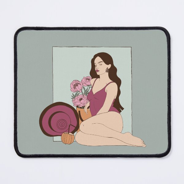 Item preview, Romantic minimalist print featuring a girl relaxing on the beach next to lush peonies and an elegant sun hat. A perfect balance of fashion and nature. designed and sold by Grin Katalina Floral Patterns & Cozy Art.