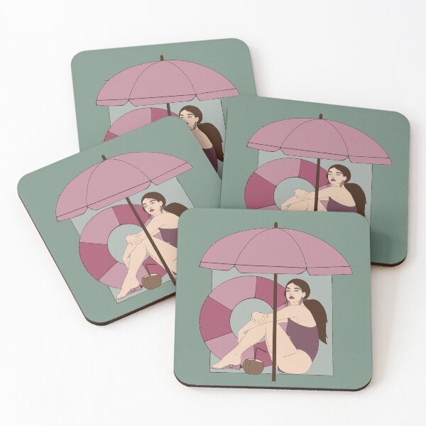 Item preview, Stylish summer composition of a girl sitting on the beach in the shade of a large pink umbrella. The ultimate embodiment of "dolce far niente" aesthetic. designed and sold by Grin Katalina Floral Patterns & Cozy Art.