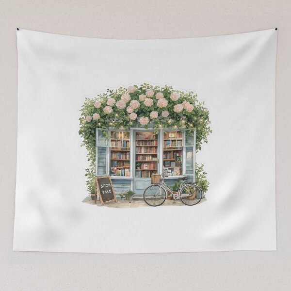 Item preview, Cozy Bookstore with Flower Arch and Bicycle designed and sold by CozyinTime.