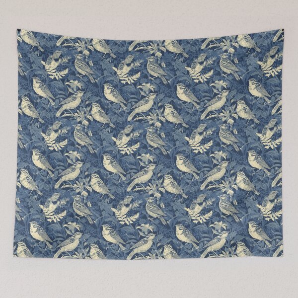 Item preview, Wild Ferns & Wood Warblers | Navy Blue Woodland Bird Print designed and sold by BestVarieties.