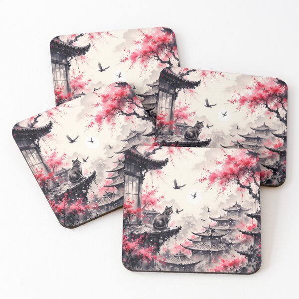 Item preview, Cat on Japanese Rooftop with Cherry Blossoms designed and sold by Mugen-Champloo.