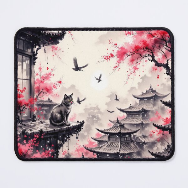 Item preview, Cat on Japanese Rooftop with Cherry Blossoms designed and sold by Mugen-Champloo.