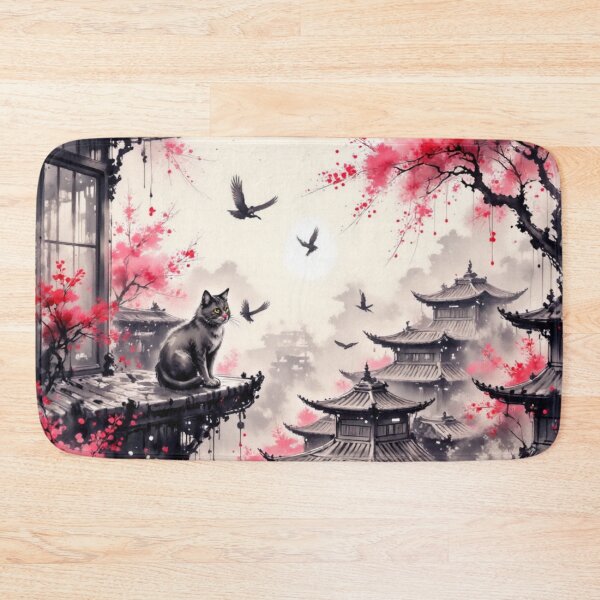 Item preview, Cat on Japanese Rooftop with Cherry Blossoms designed and sold by Mugen-Champloo.