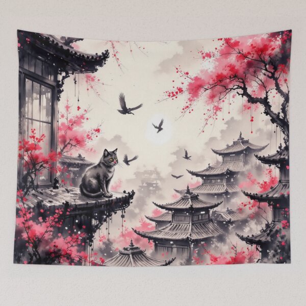 Item preview, Cat on Japanese Rooftop with Cherry Blossoms designed and sold by Mugen-Champloo.
