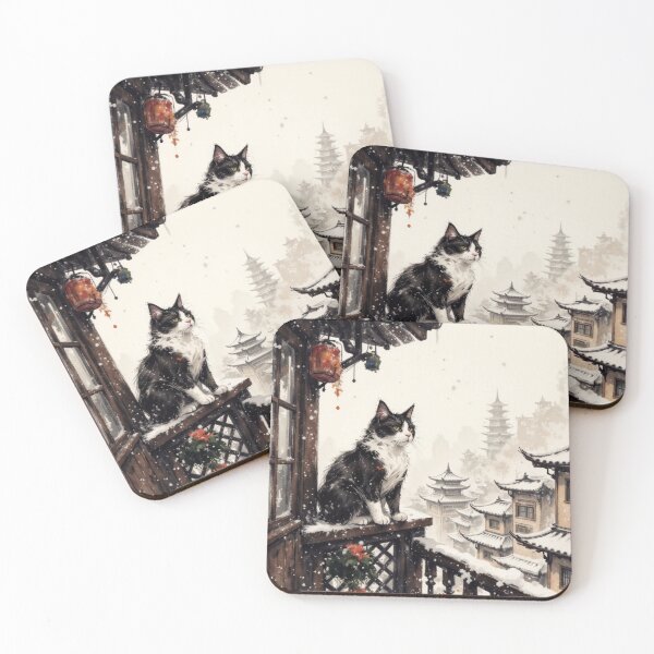 Item preview, Cat on Snowy Balcony with Japanese Pagoda designed and sold by Mugen-Champloo.
