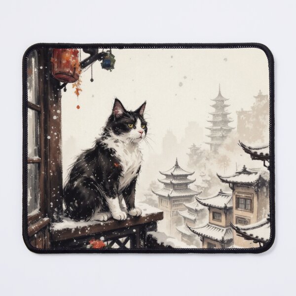 Item preview, Cat on Snowy Balcony with Japanese Pagoda designed and sold by Mugen-Champloo.