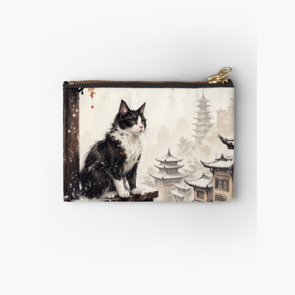 Item preview, Cat on Snowy Balcony with Japanese Pagoda designed and sold by Mugen-Champloo.