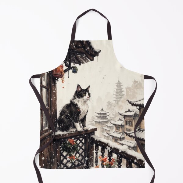 Item preview, Cat on Snowy Balcony with Japanese Pagoda designed and sold by Mugen-Champloo.