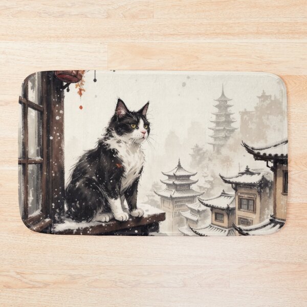 Item preview, Cat on Snowy Balcony with Japanese Pagoda designed and sold by Mugen-Champloo.