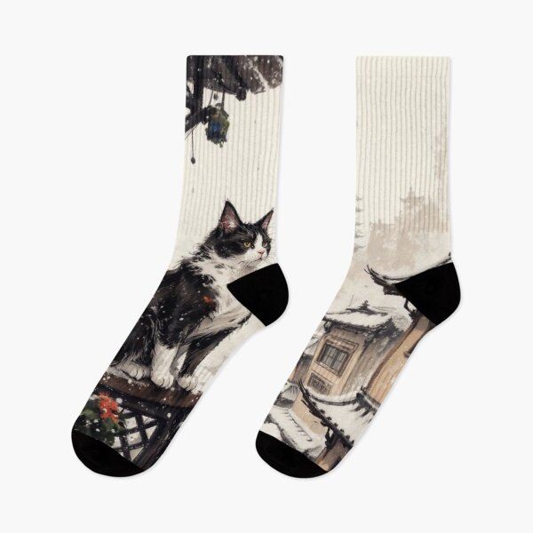 Item preview, Cat on Snowy Balcony with Japanese Pagoda designed and sold by Mugen-Champloo.