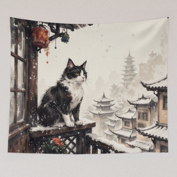 Item preview, Cat on Snowy Balcony with Japanese Pagoda designed and sold by Mugen-Champloo.