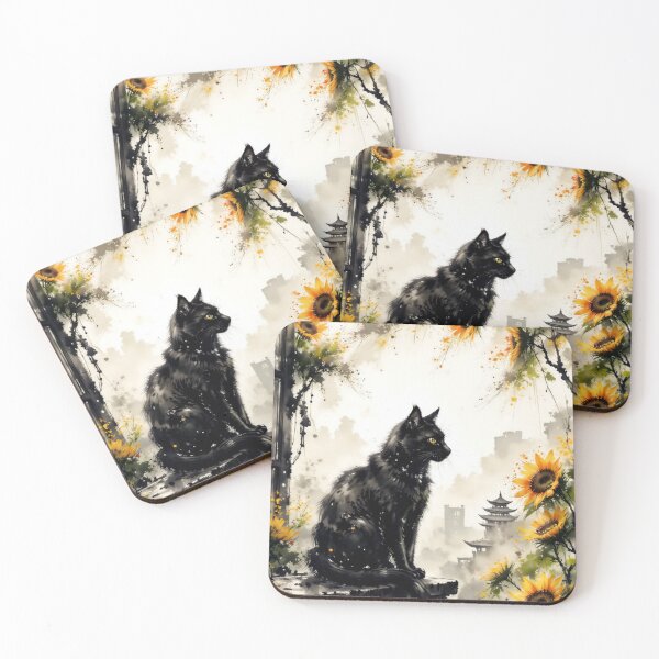 Item preview, Black Cat Among Sunflowers with Japanese Pagoda designed and sold by Mugen-Champloo.