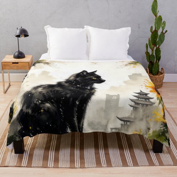 Item preview, Black Cat Among Sunflowers with Japanese Pagoda designed and sold by Mugen-Champloo.