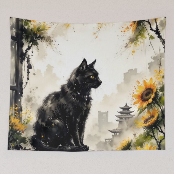 Item preview, Black Cat Among Sunflowers with Japanese Pagoda designed and sold by Mugen-Champloo.