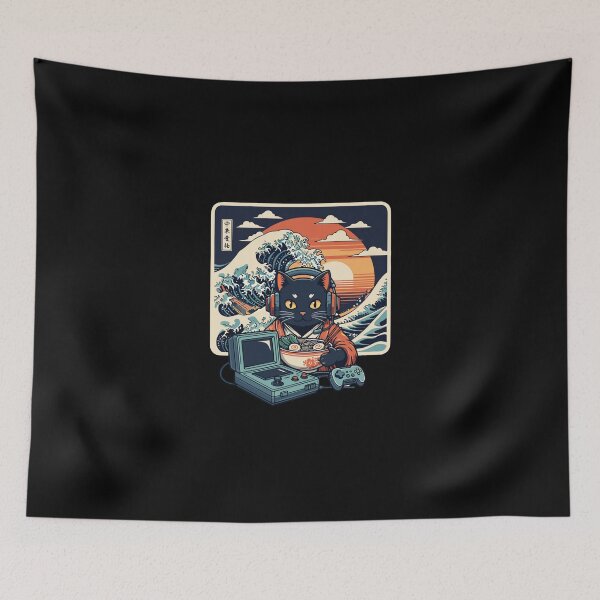 Item preview, Retro Gamer Cat with Ramen Great Wave designed and sold by PopStars1993.