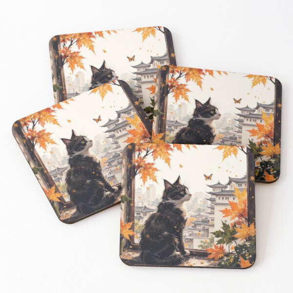 Item preview, Cat at Autumn Window with Japanese City View designed and sold by Mugen-Champloo.