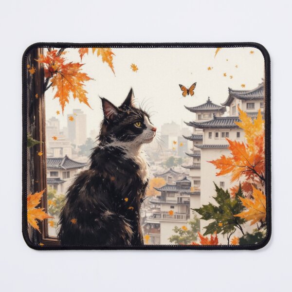 Item preview, Cat at Autumn Window with Japanese City View designed and sold by Mugen-Champloo.