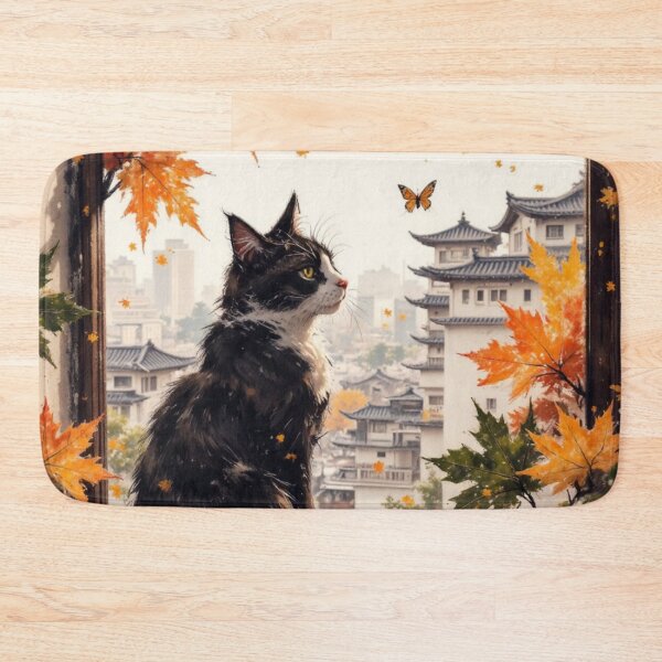 Item preview, Cat at Autumn Window with Japanese City View designed and sold by Mugen-Champloo.