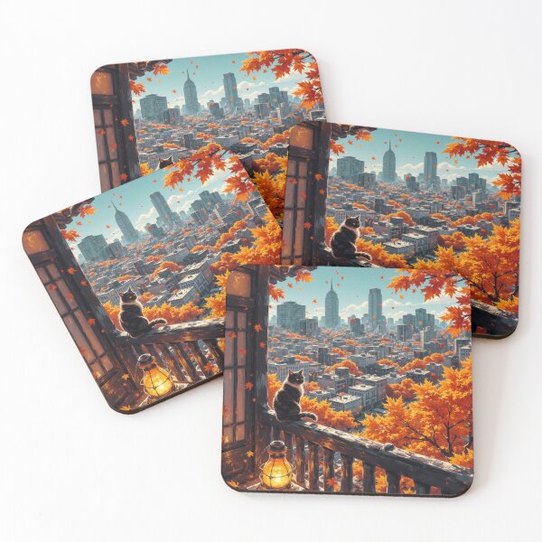 Item preview, Cat on Autumn Balcony with City Skyline View designed and sold by Mugen-Champloo.