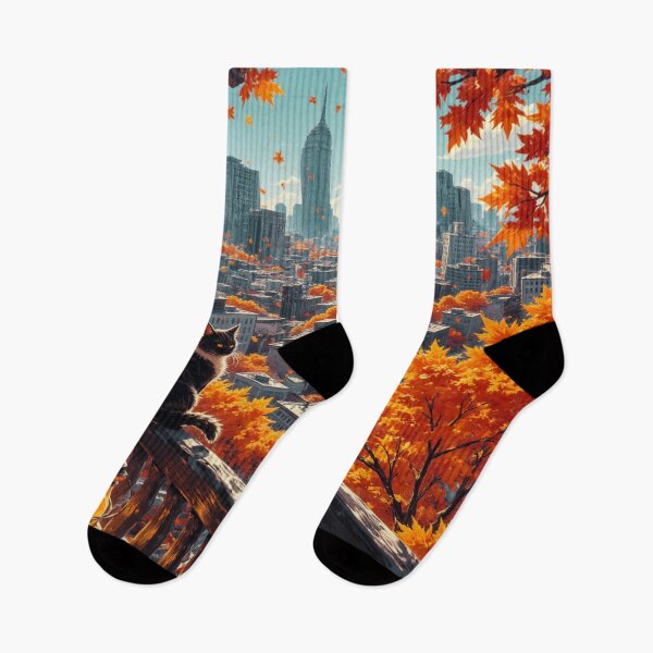 Item preview, Cat on Autumn Balcony with City Skyline View designed and sold by Mugen-Champloo.