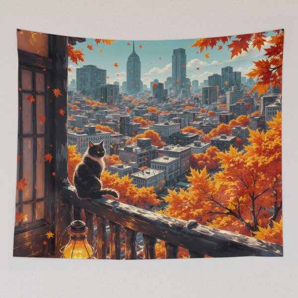Item preview, Cat on Autumn Balcony with City Skyline View designed and sold by Mugen-Champloo.