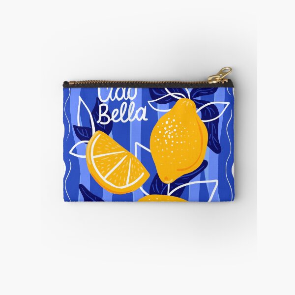 Item preview, Lemon Amalfi t-shirt print, yellow lemons on blue striped background  designed and sold by NatalkaP.