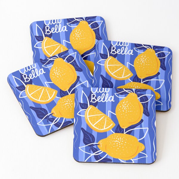 Item preview, Lemon Amalfi t-shirt print, yellow lemons on blue striped background  designed and sold by NatalkaP.