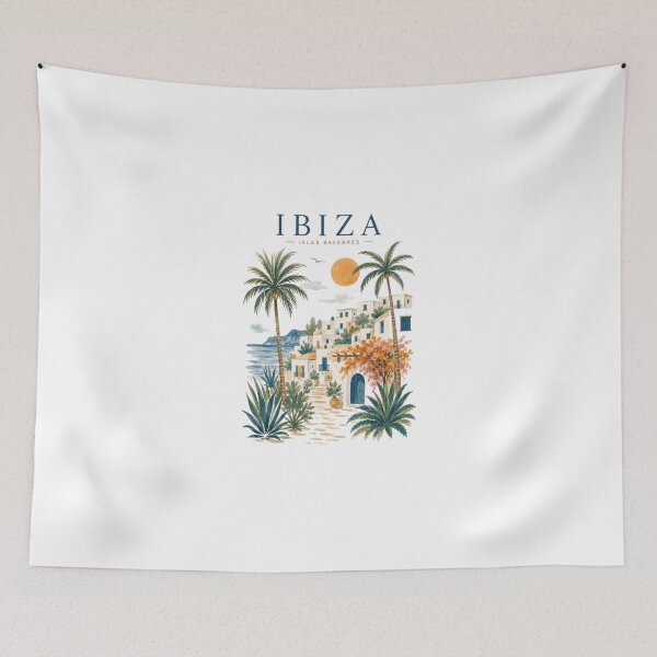 Item preview, Ibiza Vintage Travel Poster | Mediterranean Coastal Village Watercolor Art | Boho Summer Vacation Tee designed and sold by AveniaOficial.