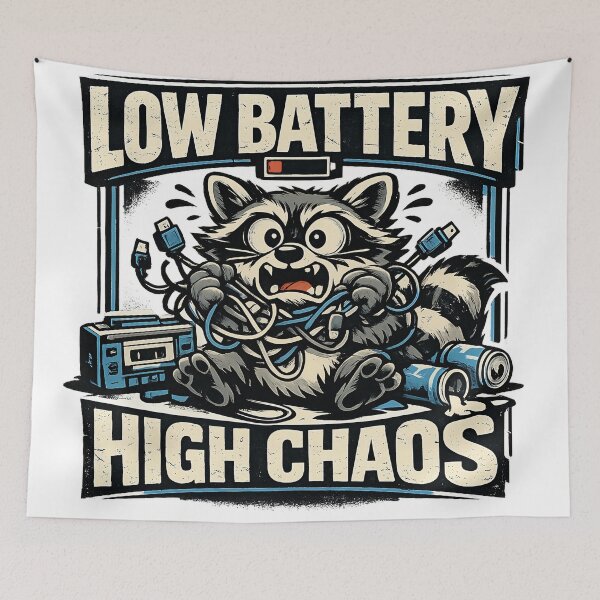 Item preview, Low Battery High Chaos Retro Raccoon Streetwear T-Shirt Design designed and sold by builtforyou.