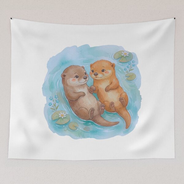 Item preview, Cute Storybook River Otters Watercolor Fantasy Art designed and sold by HoneyBreezeCo.