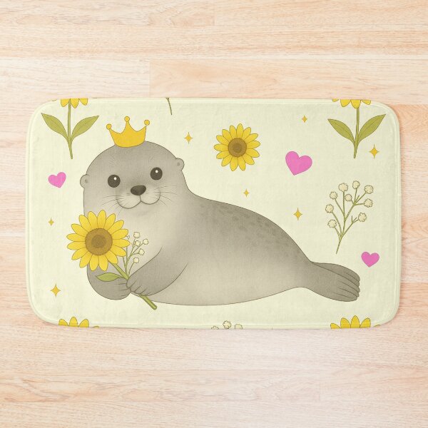 Item preview, Fluffy Gray Seal with Sunflowers - Cream designed and sold by HIMEKARI.