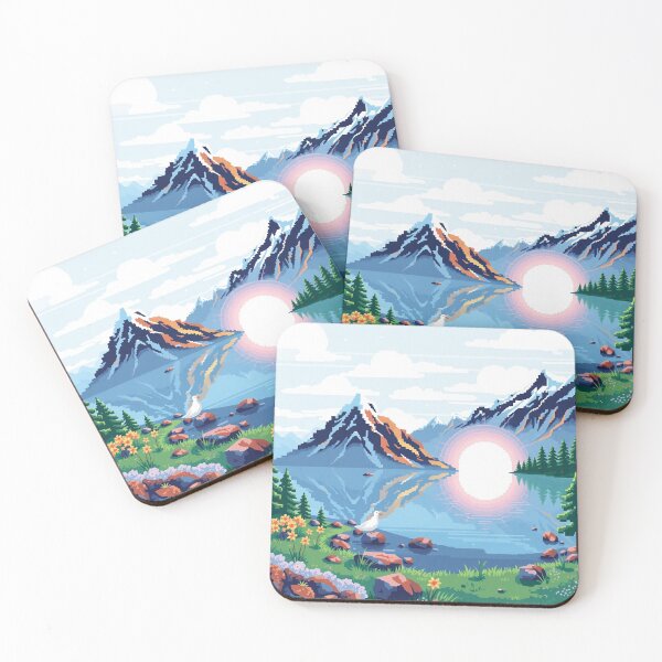 Item preview, Pixel Art Mountain Landscape - Lake and Rising Sun designed and sold by Tama-sirth.