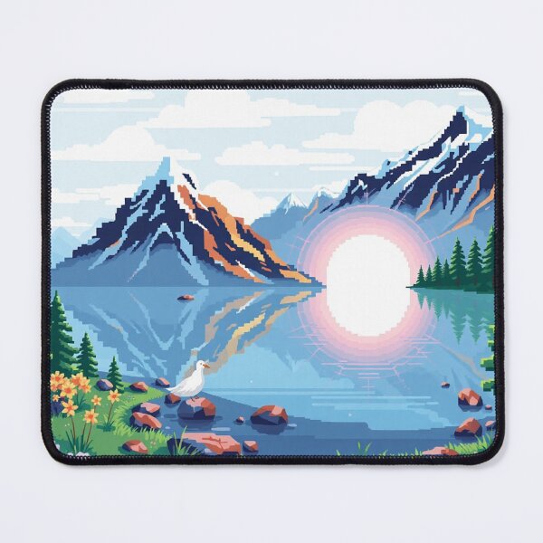 Item preview, Pixel Art Mountain Landscape - Lake and Rising Sun designed and sold by Tama-sirth.