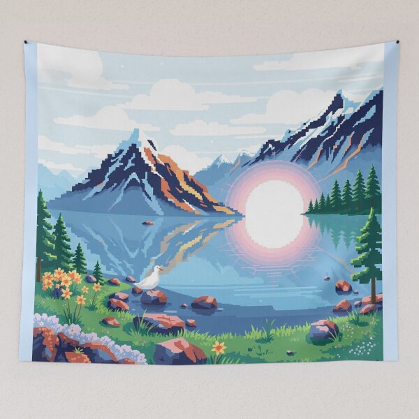Item preview, Pixel Art Mountain Landscape - Lake and Rising Sun designed and sold by Tama-sirth.