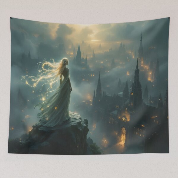 Item preview, Mystical Fantasy City Guardian – Ethereal Gothic Dreamscape designed and sold by DreamyWallVibes.