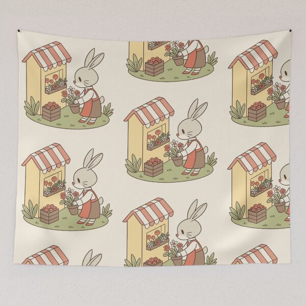 Item preview, bunny florist arranging flowers in tiny vintage shop, cottagecore illustration designed and sold by Senglaopattern.