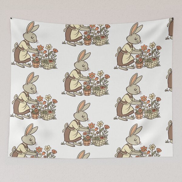Item preview, bunny florist arranging flowers in tiny vintage shop, cottagecore illustration designed and sold by Senglaopattern.