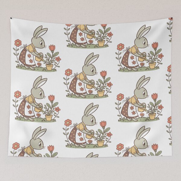 Item preview, bunny florist arranging flowers in tiny vintage shop, cottagecore illustration designed and sold by Senglaopattern.