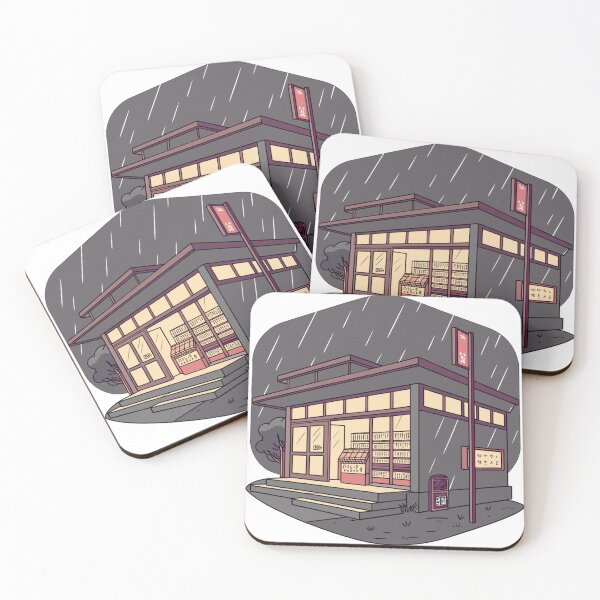 Item preview, warm japanese convenience store at midnight rain, nostalgic anime atmosphere designed and sold by Senglaopattern.