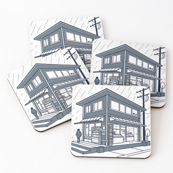 Item preview, warm japanese convenience store at midnight rain, nostalgic anime atmosphere designed and sold by Senglaopattern.