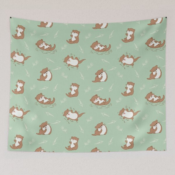 Item preview, Cute Kawaii Otter Seamless Pattern on Sage Green Background designed and sold by Potattoo.