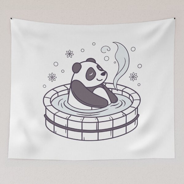 Item preview, sleepy panda soaking in hot spring under snowfall, relaxing mood designed and sold by Senglaopattern.