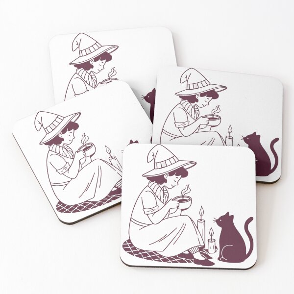 Item preview, cozy witch making herbal tea beside candles and black cat designed and sold by Senglaopattern.