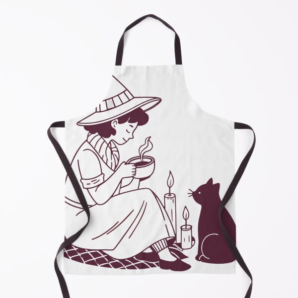 Item preview, cozy witch making herbal tea beside candles and black cat designed and sold by Senglaopattern.